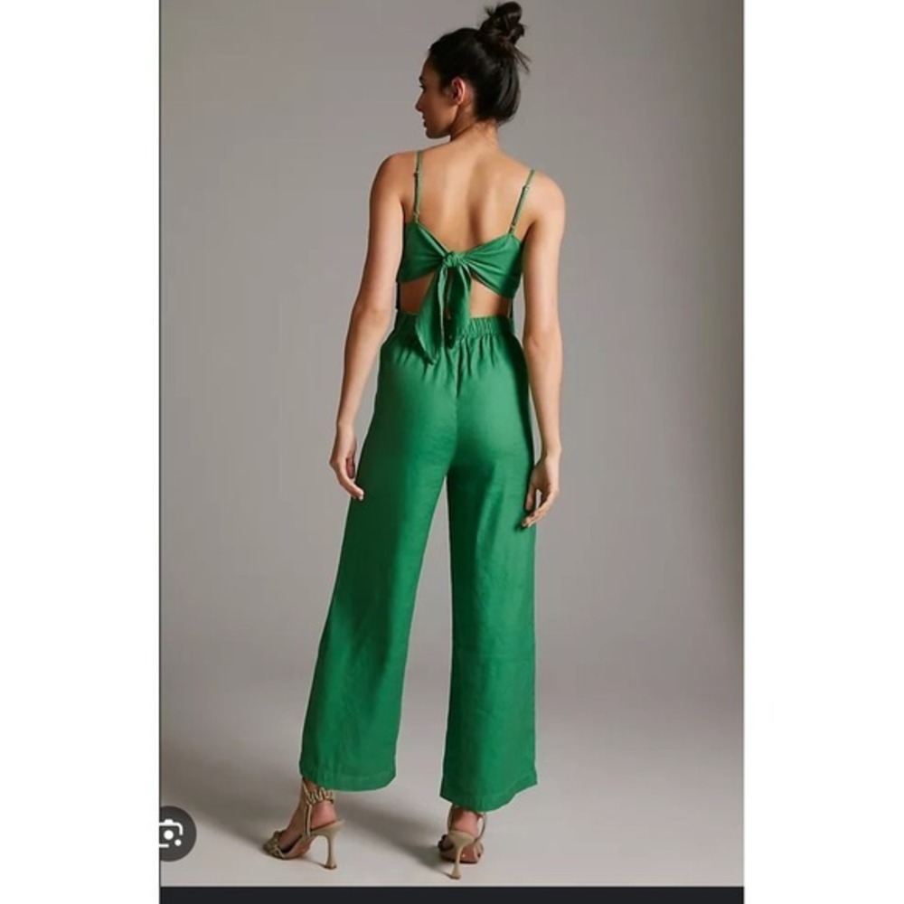 NEW Anthropologie Women jumpsuit 0 XS green twisted front tie back strap summer